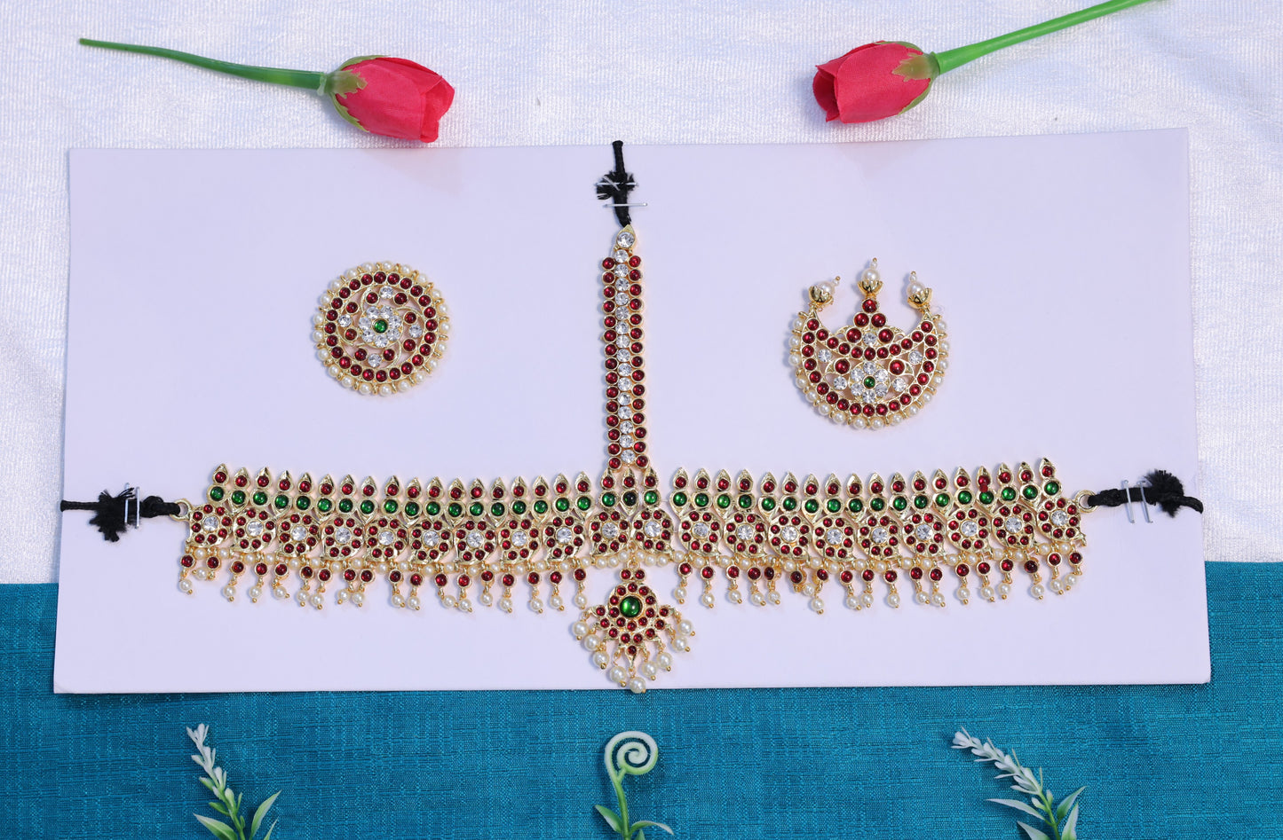 Mango design nethi chutti head set with kempu and green stones and pearl detailing for Bharatanatyam and Kuchipudi
