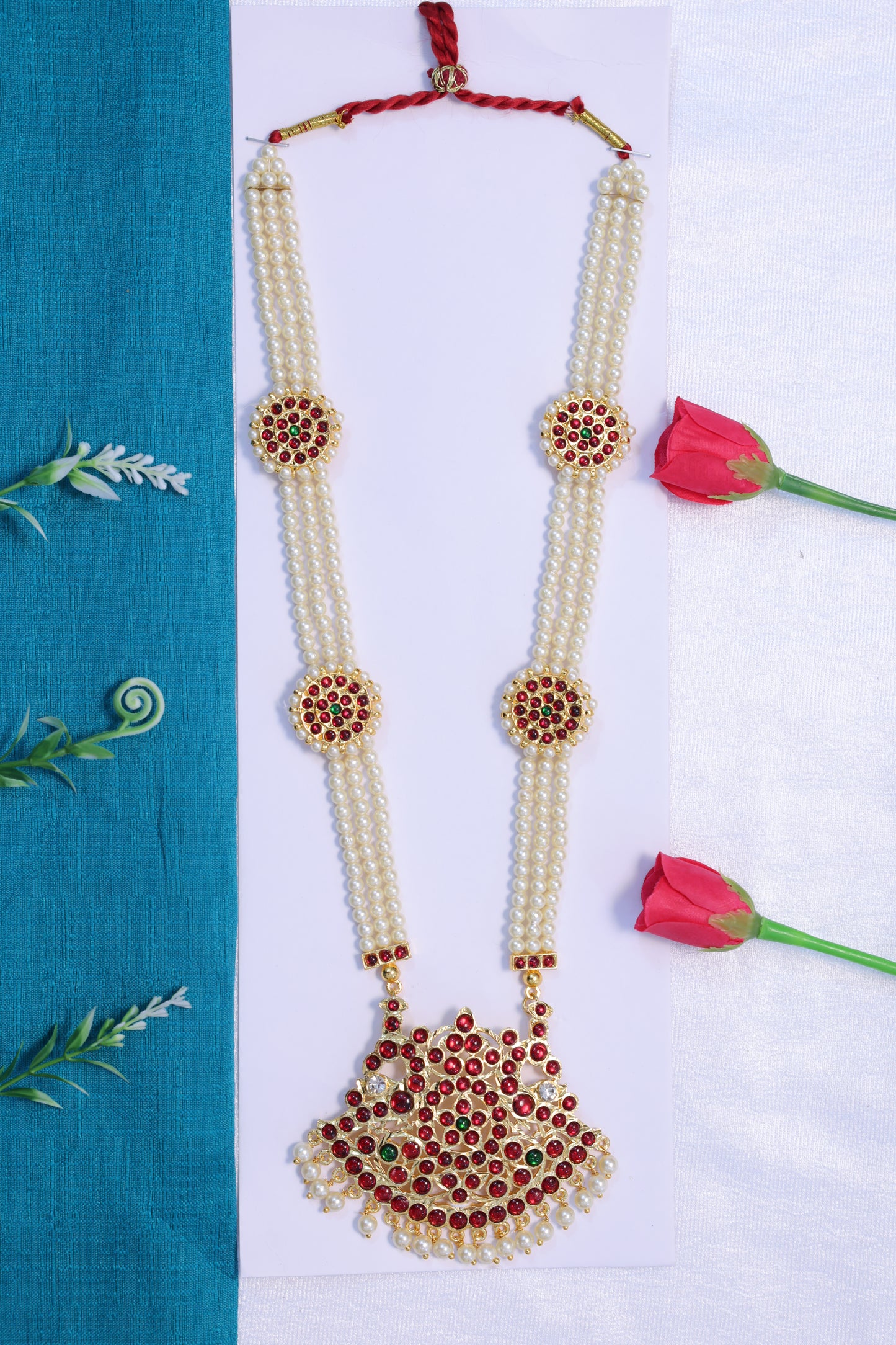 Moti haram long necklace with kempu design for Bharatanatyam dance