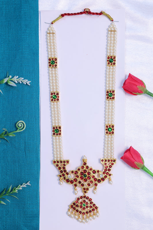 Peacock design moti haram long necklace with kempu stones for Bharatanatyam