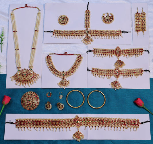Premium Kempu stone temple jewellery full set for Bharatanatyam and Kuchipudi dance with oddiyanam, haar, rakodi and vanki