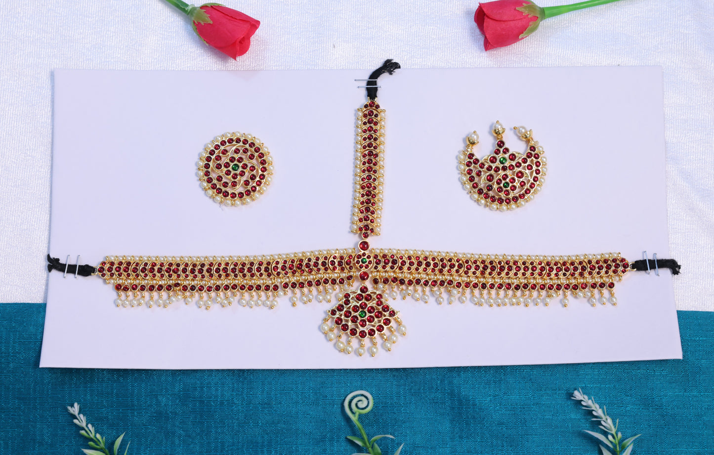 Temple jewellery head set with kempu stones and pearls for Bharatanatyam and Kuchipudi dance