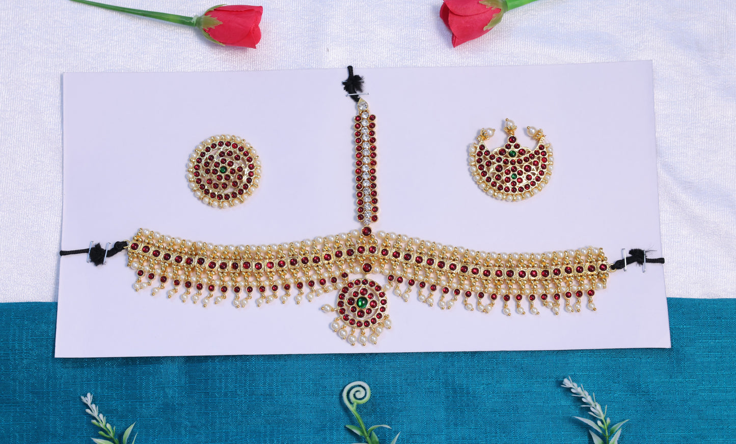Temple jewellery kempu pearl headset for Bharatanatyam and Kuchipudi dance
