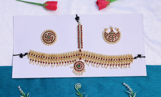 Temple jewellery kempu pearl headset for Bharatanatyam and Kuchipudi dance