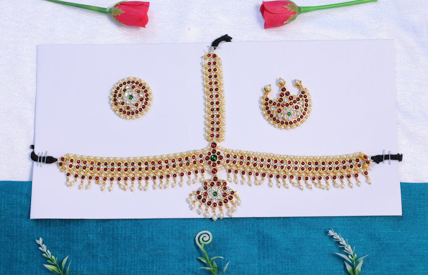 Temple jewellery kempu pearl headset for Bharatanatyam and Kuchipudi dance