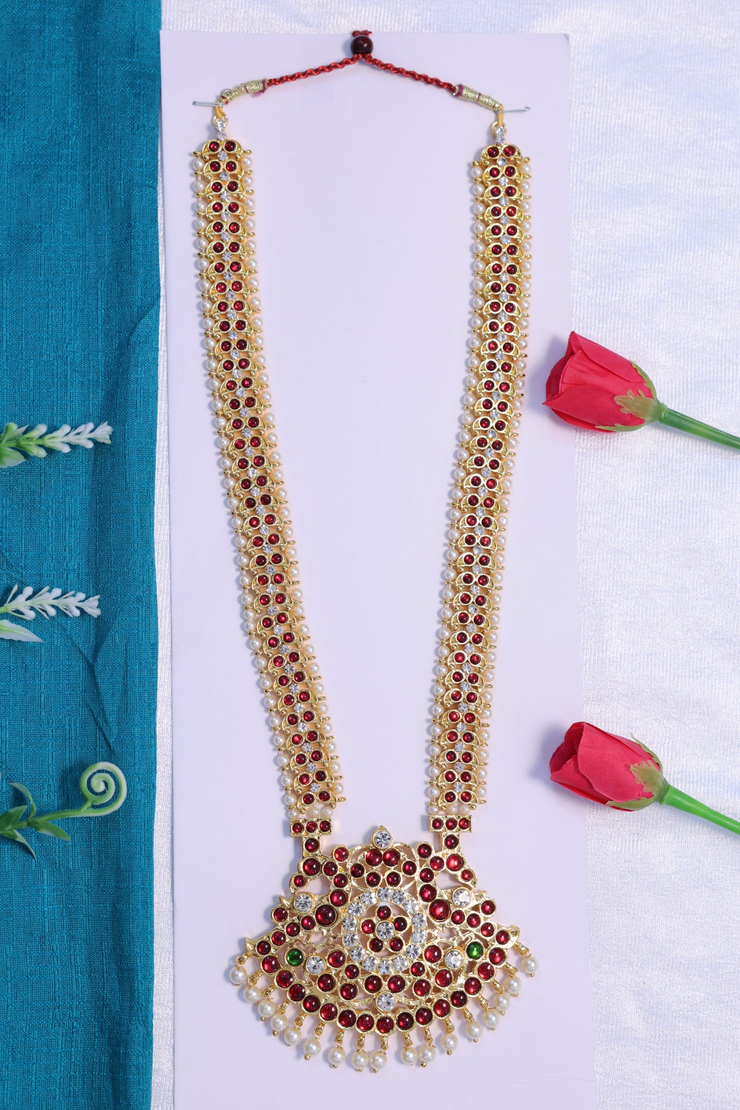 traditional kempu haram ruby stone long necklace bharatanatyam kuchipudi classical dance jewellery