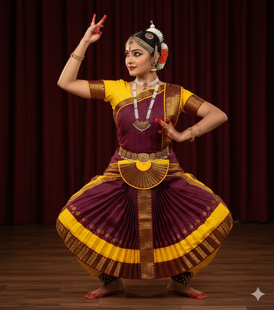 Indian classical dance Bharatanatyam costume yellow maroon with temple border