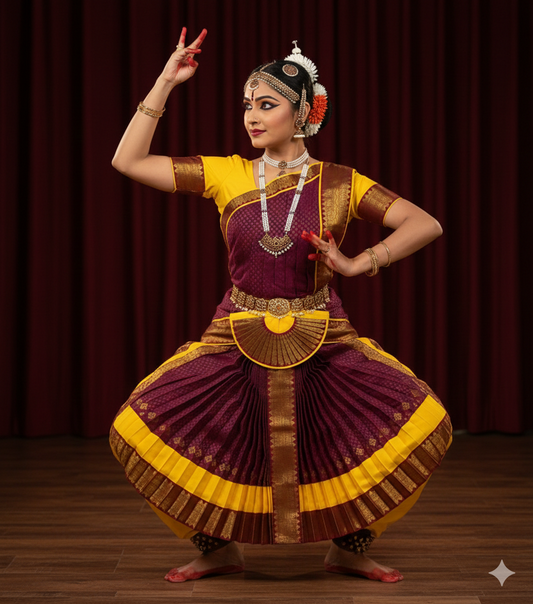 Indian classical dance Bharatanatyam costume yellow maroon with temple border
