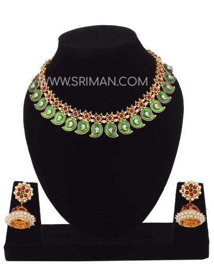 SRIMAN GREEN MANGO CHOKER SET WITH EARINGS