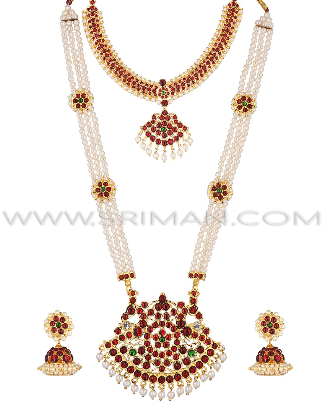 SRIMAN KEMPU LONG MOTI MALA WITH SHORT NECKLACE AND EARINGS