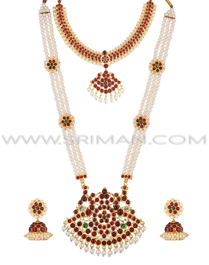 SRIMAN KEMPU LONG MOTI MALA WITH SHORT NECKLACE AND EARINGS