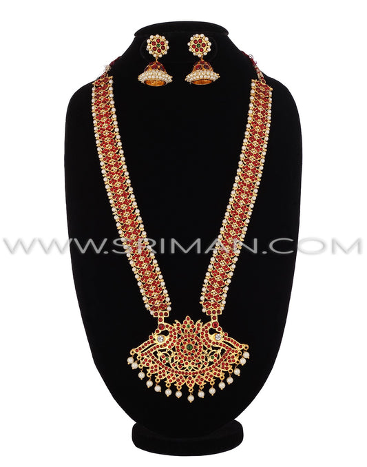 SRIMAN KEMPU LONG STONES HARAM WITH EARINGS