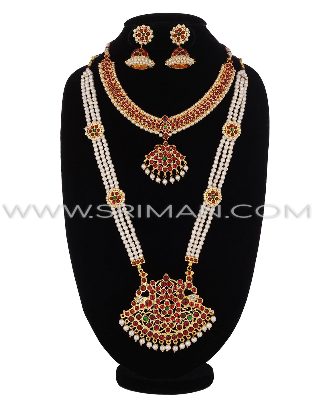 SRIMAN KEMPU LONG MOTI MALA WITH SHORT NECKLACE AND EARINGS