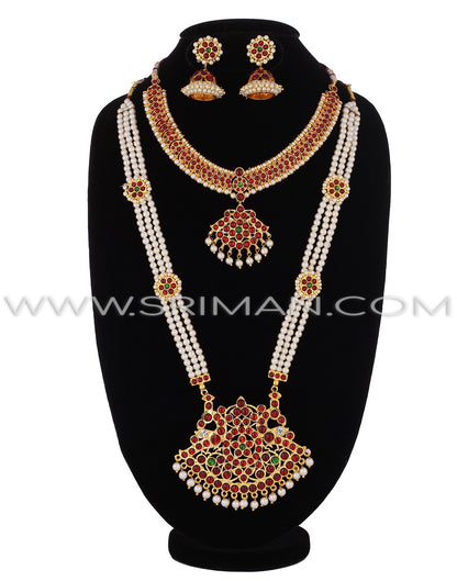 SRIMAN KEMPU LONG MOTI MALA WITH SHORT NECKLACE AND EARINGS