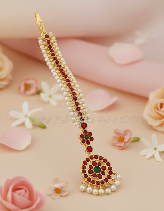 Stunning Kempu stone double line maangtikka netti chutti for Bharatanatyam & Kuchipudi. Traditional 2-line temple jewellery, 6 inches. Shop SRIMAN's classical  dance collection.