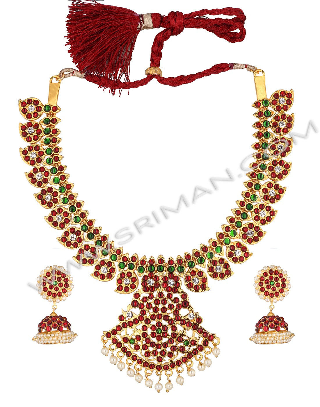 SRIMAN KEMPU MANGO DESGIN NECKLACE WITH EARINGS