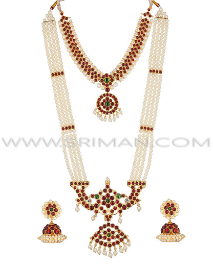 SRIMAN KEMPU LONG MOTI HARAM WITH SHORT NECKLACE AND EARINGS