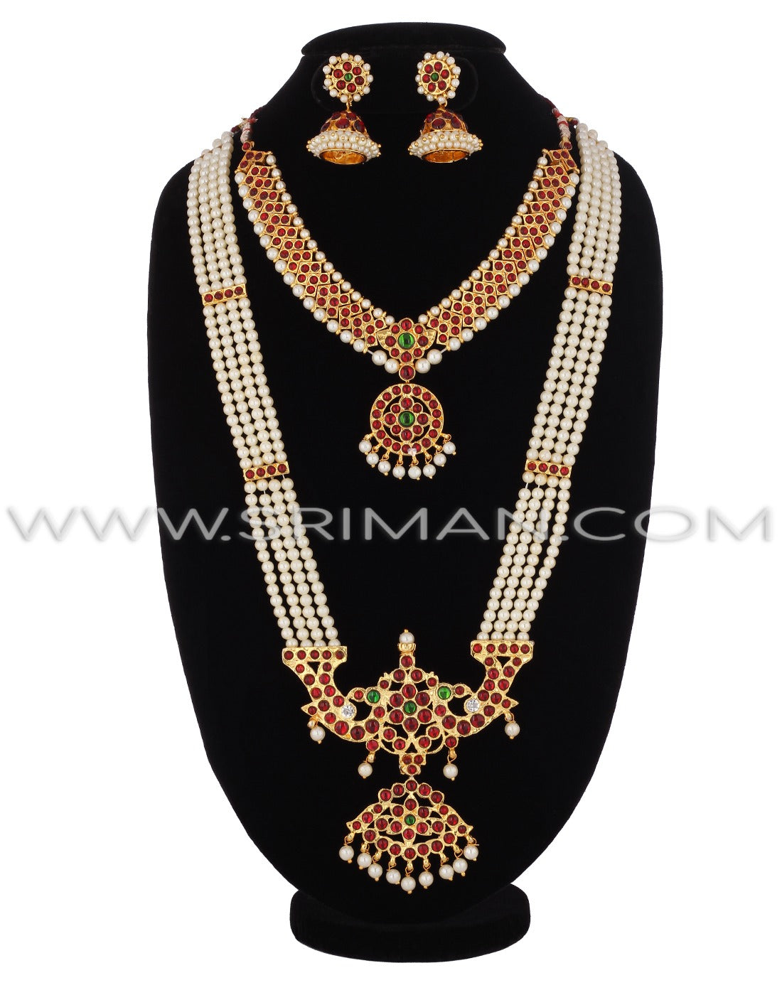 SRIMAN KEMPU LONG MOTI HARAM WITH SHORT NECKLACE AND EARINGS