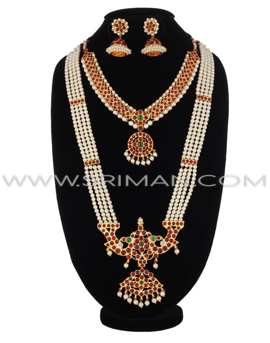 SRIMAN KEMPU LONG MOTI HARAM WITH SHORT NECKLACE AND EARINGS