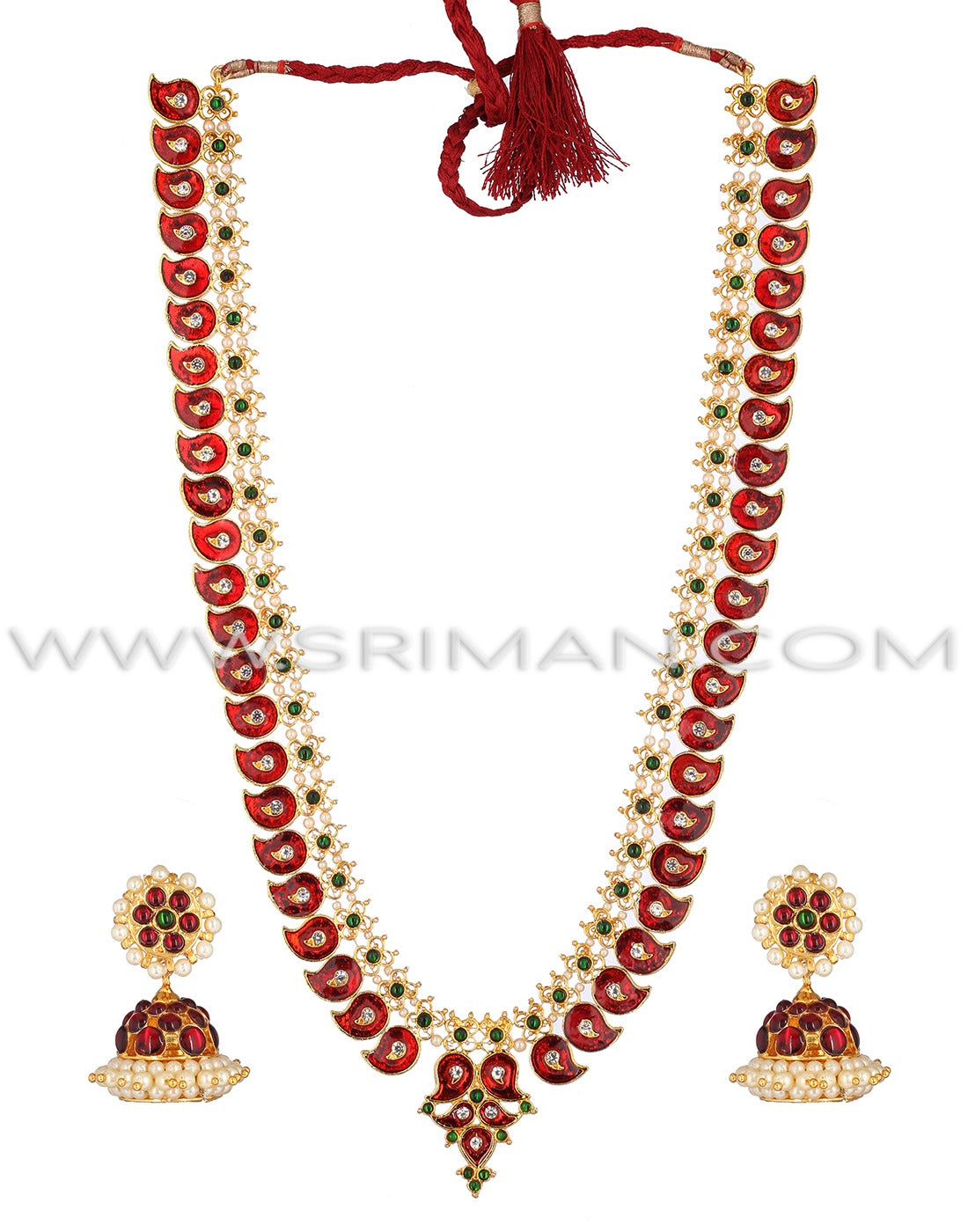 SRIMAN KEMPU SIMPLE SMALL RED MANGO DESGIN LONG HARAM WITH EARINGS