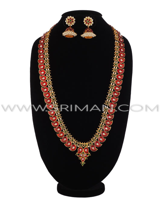 SRIMAN KEMPU SIMPLE SMALL RED MANGO DESGIN LONG HARAM WITH EARINGS