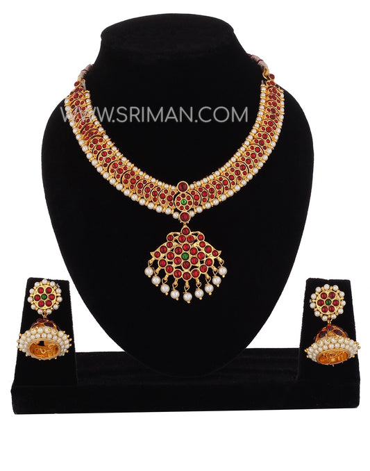 SRIMAN KEMPU SIMPLE DESGIN NECKLACE WITH EARINGS FOR BHARATANATYAM