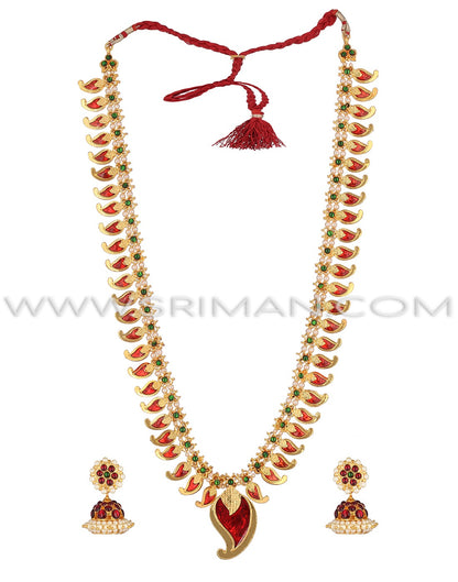 SRIMAN RED MANGO DESGIN LONG HARAM WITH EARINGS