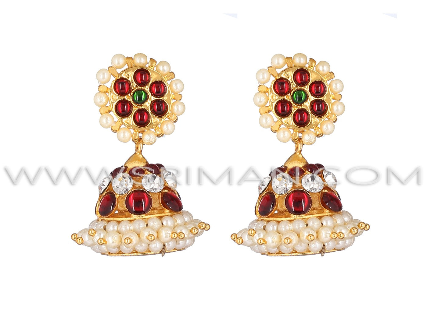 3 Line Red And White Stone Kemp Earring(Jumki)