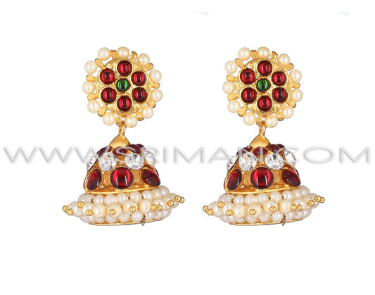 3 Line Red And White Stone Kemp Earring(Jumki)