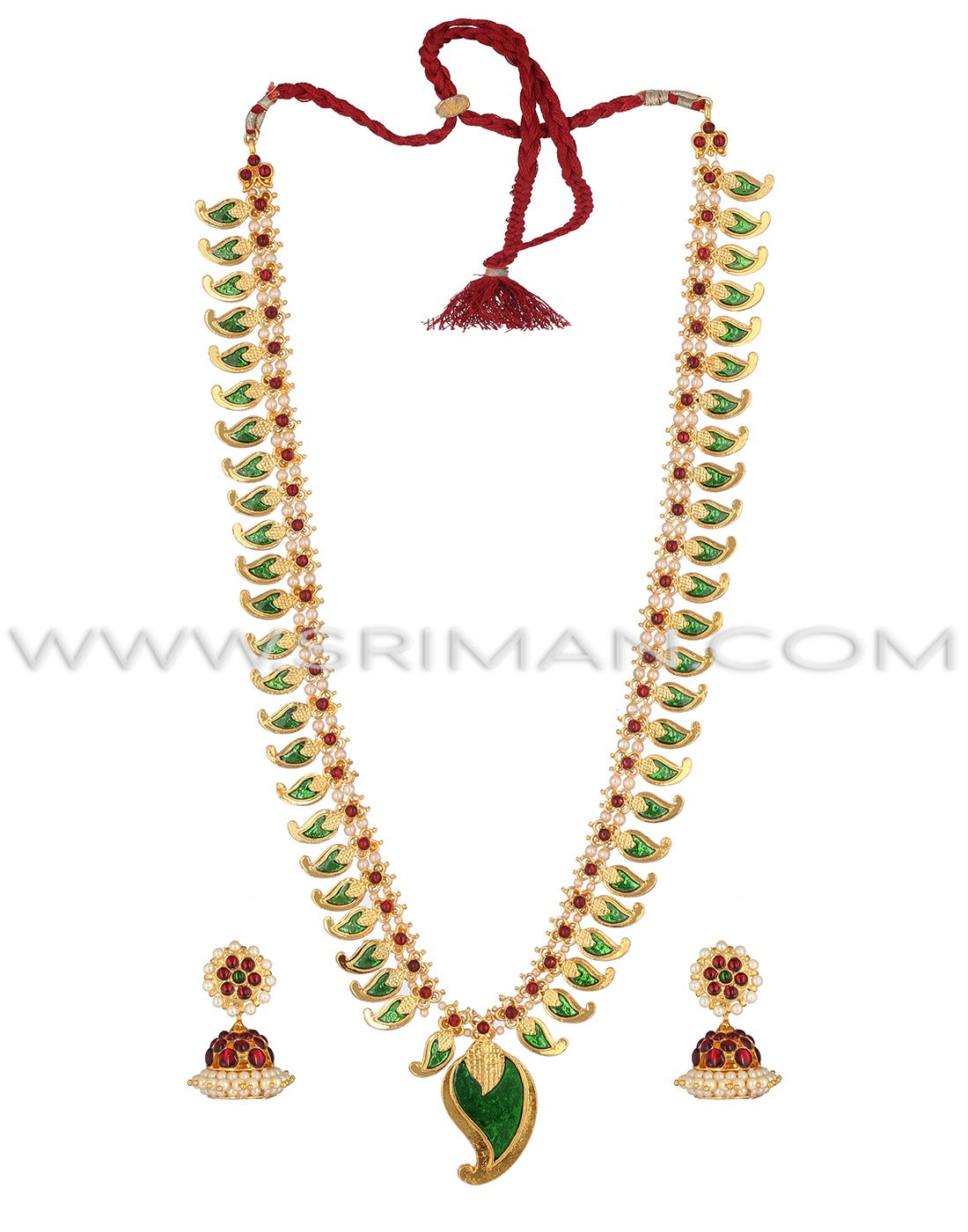 SRIMAN KAMPU GREEN MANGO DESGIN LONG HARAM WITH EARGINS