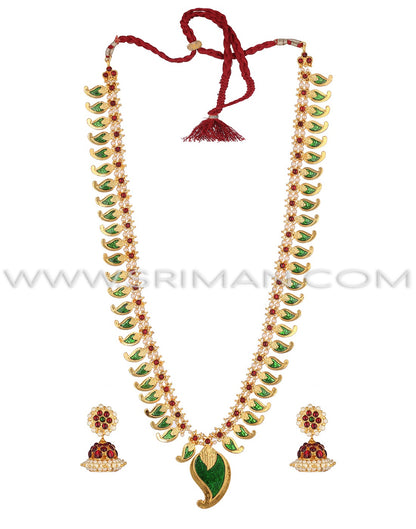 SRIMAN KAMPU GREEN MANGO DESGIN LONG HARAM WITH EARGINS