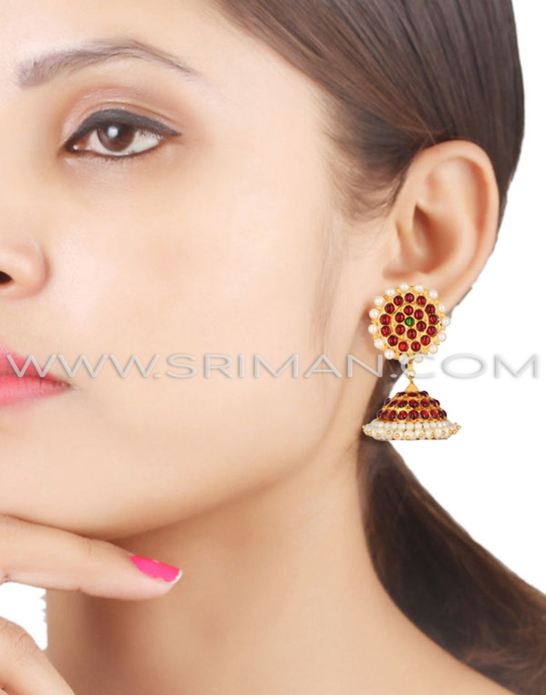 3 Line Red And White Stone Kemp Earring(Jumki)