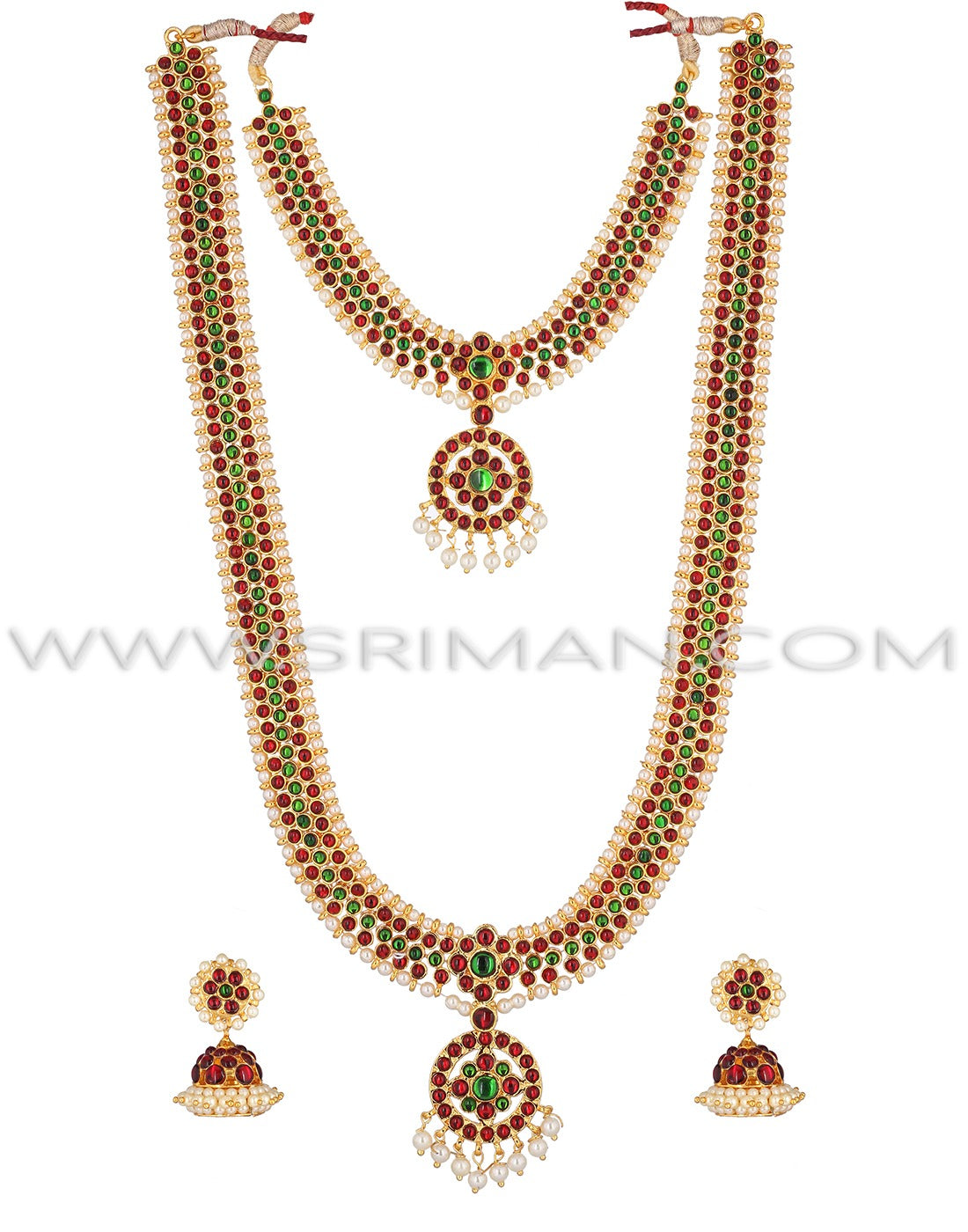 SRIMAN KEMPU GREEN STONES LONG HARAM WITH NECKLACE