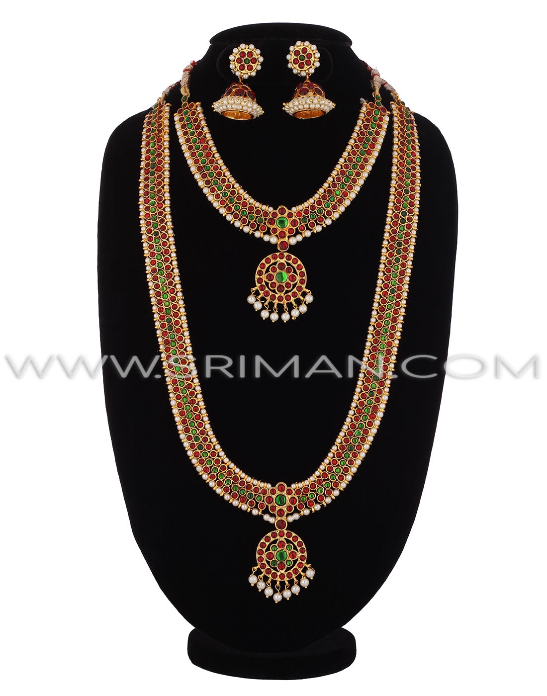 SRIMAN KEMPU GREEN STONES LONG HARAM WITH NECKLACE