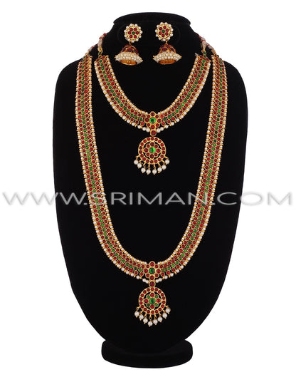 SRIMAN KEMPU GREEN STONES LONG HARAM WITH NECKLACE