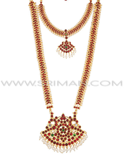 SRIMAN KEMPU LONG STONES HARAM WITH NECKLACE AND EARINGS
