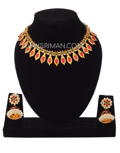 SRIMAN RED DESINGER CHOKER SET WITH EARINGS