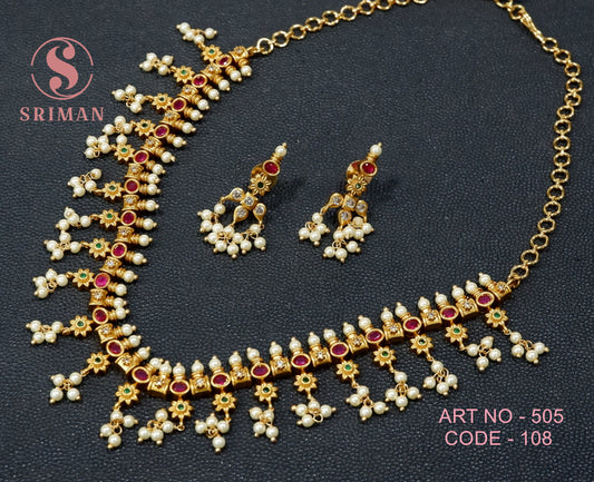 SRIMAN MATT FINISH MOTI STONES NECKLACE SET WITH EARINGS