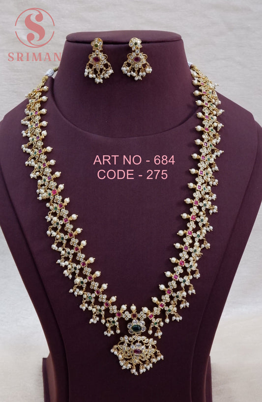 SRIMAN GOLD FINISH LONG FANCY HARAM WITH EARINGS