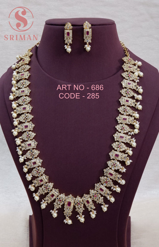 SRIMAN GOLD FINISH LONG BEATS HARAM WITH EARINGS