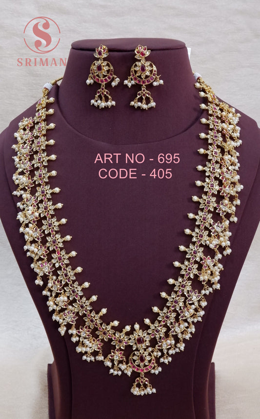 SRIMAN GOLD FINISH FANCY LONG HARAM WITH EARINGS