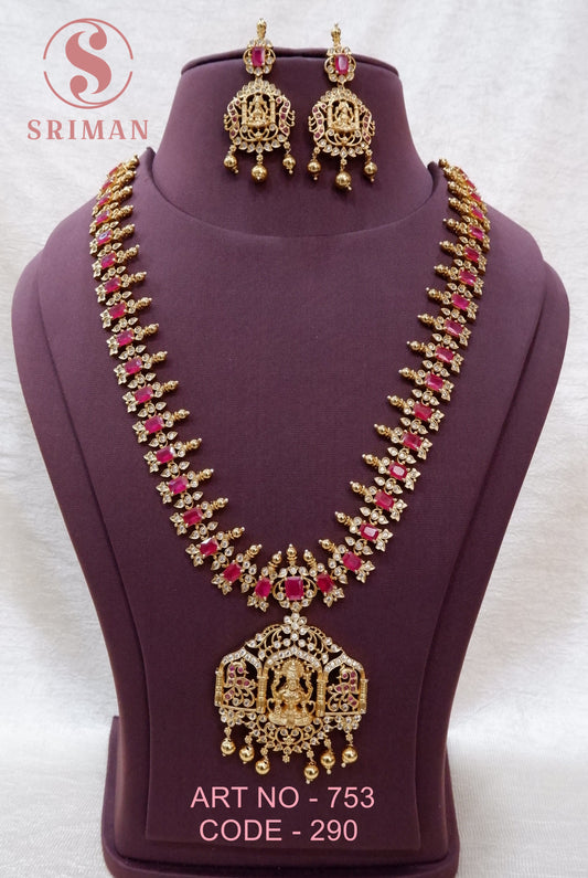 SRIMAN MAAT FINISH RED STONES LAXMI LONG HARAM