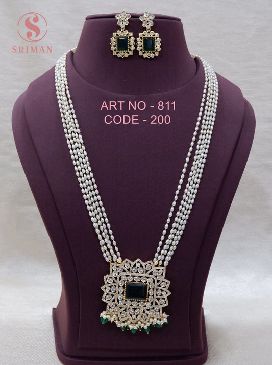 SRIMAN PEARLS HARAM WITH GREEN BEATS LOCKET AND STUDS