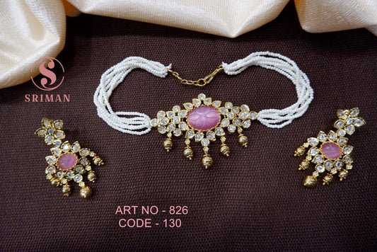 SRIMAN PINK LOCKET CHOKER WITH EARINGS
