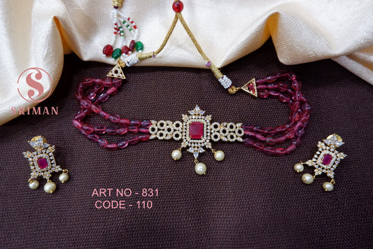 SRIMAN RED BEATS CHOKER WITH EARINGS